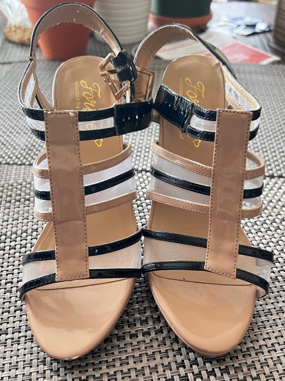Patent Beige and Black Strappy Women's Sandals with Ankle Buckle